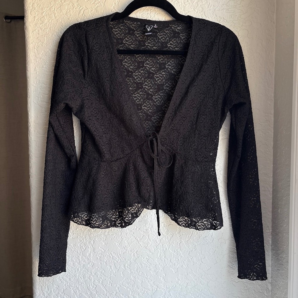 Windsor Womens S Top Black Long Sleeve Sweater Sheer Floral Lace Wimsygoth Y2K